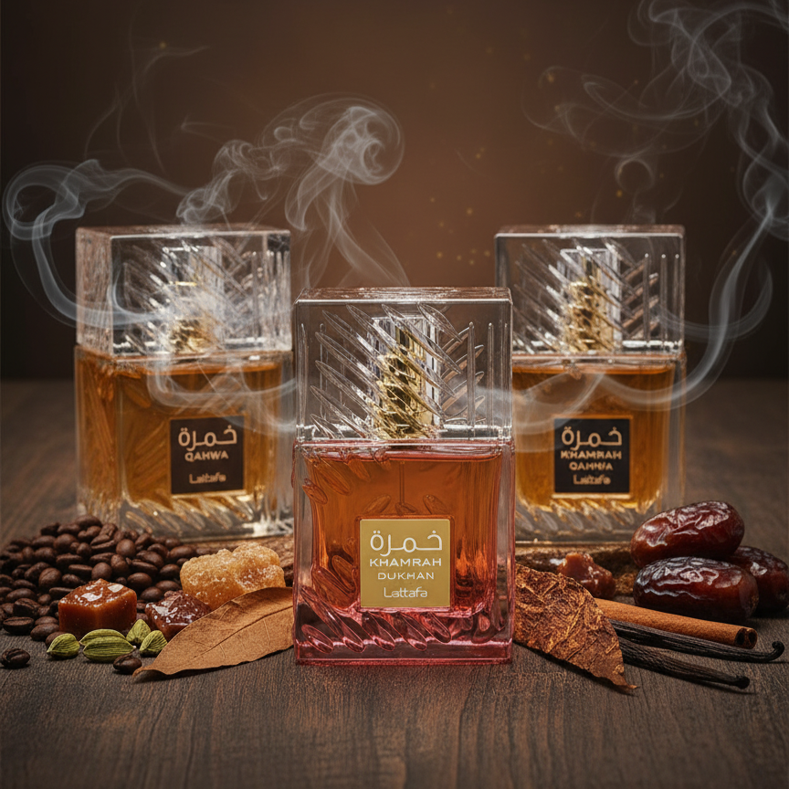 Lattafa Khamrah Dukhan, Qahwa, and Original bottles arranged with smoke, amber, coffee, dates, and spices.