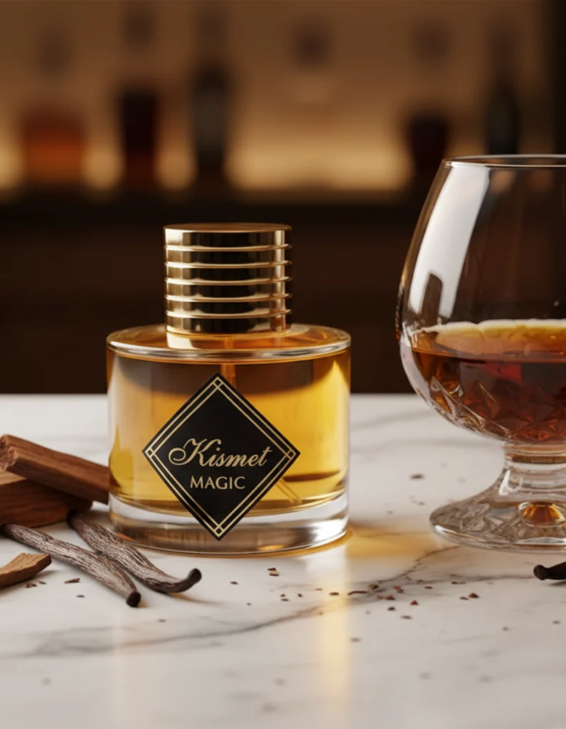Kismet Angel perfume bottle with cognac glass, oak wood, and vanilla pods