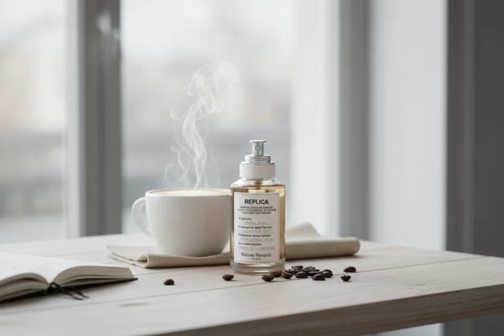 Maison Margiela Coffee Break perfume beside a steaming latte on a wooden café table near a foggy window.
