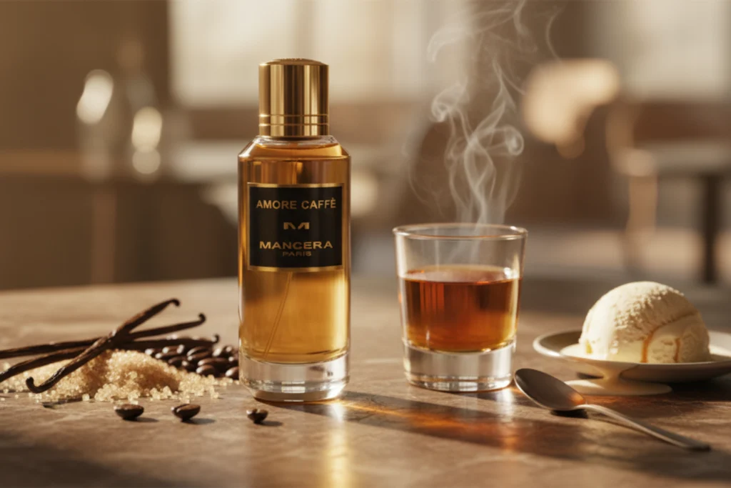 Mancera Amore Caffè perfume bottle surrounded by coffee beans, vanilla pods, and amaretto.