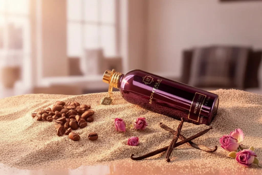 Montale Intense Café perfume bottle surrounded by rose petals and coffee beans under soft pink light.