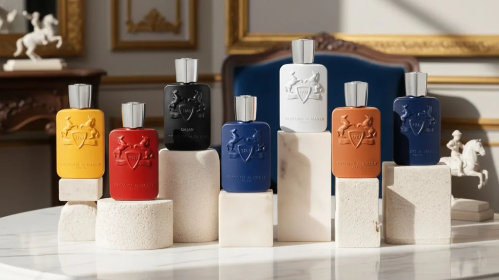 Elegant editorial image of men’s luxury perfume bottles on marble for Scent Chronicles buying guide.