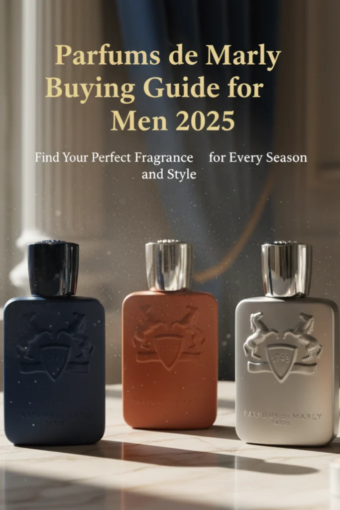 Vertical editorial collage of opaque men’s perfume bottles in navy, blue, silver, black, and terracotta tones, symbolizing Parfums de Marly’s men’s fragrance collection.