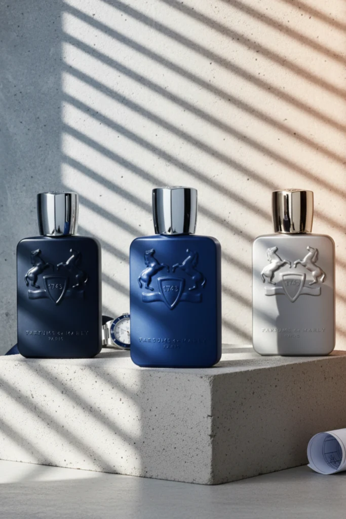 Artistic editorial of three opaque matte men’s perfume bottles in navy, blue, and brushed silver under angular daylight and architectural shadows.