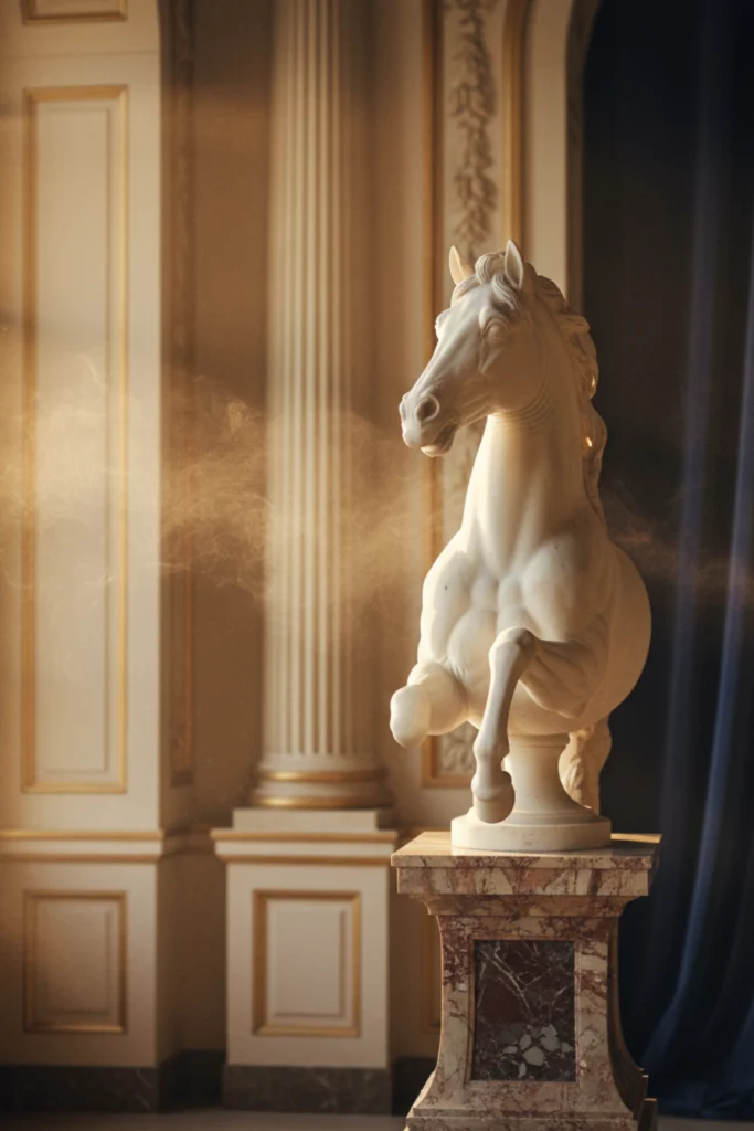 Cinematic image of a marble horse sculpture bathed in golden light, representing the royal heritage of Parfums de Marly.