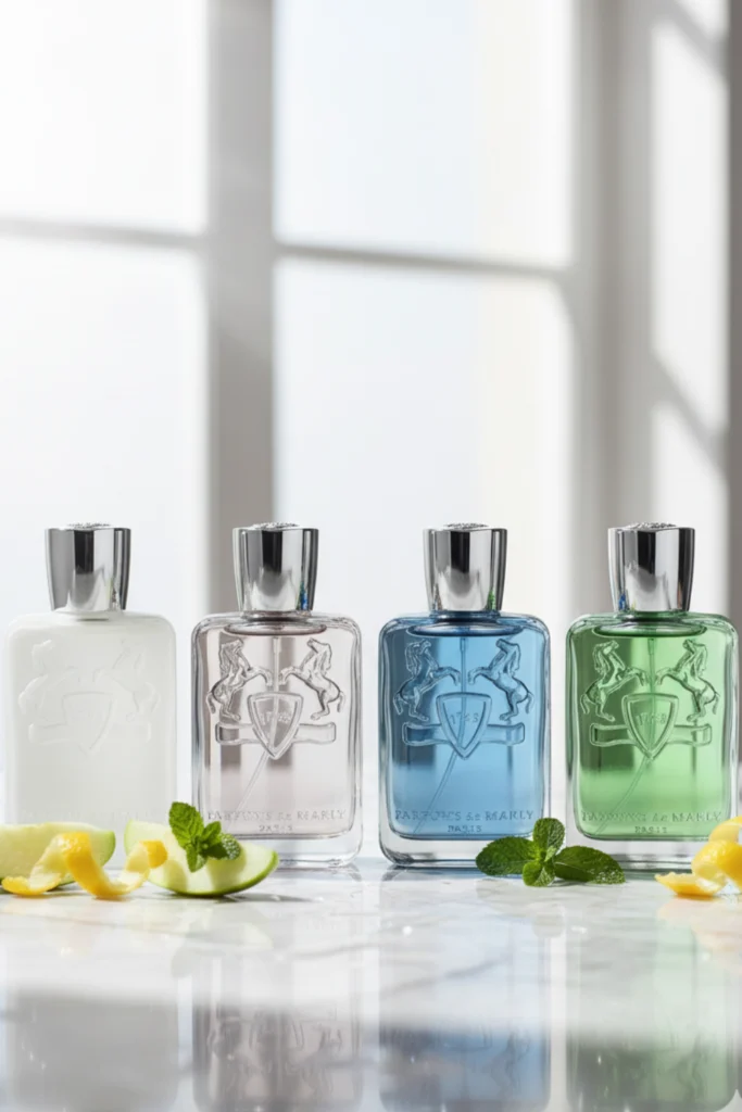 Fresh, bright editorial image of four men’s perfumes in blue and green tones with citrus and mint elements representing Parfums de Marly summer scents.