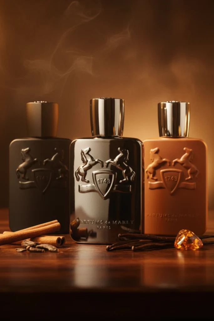 Editorial image of three luxury men’s perfumes surrounded by cinnamon, vanilla, and amber tones, symbolizing Parfums de Marly winter scents.