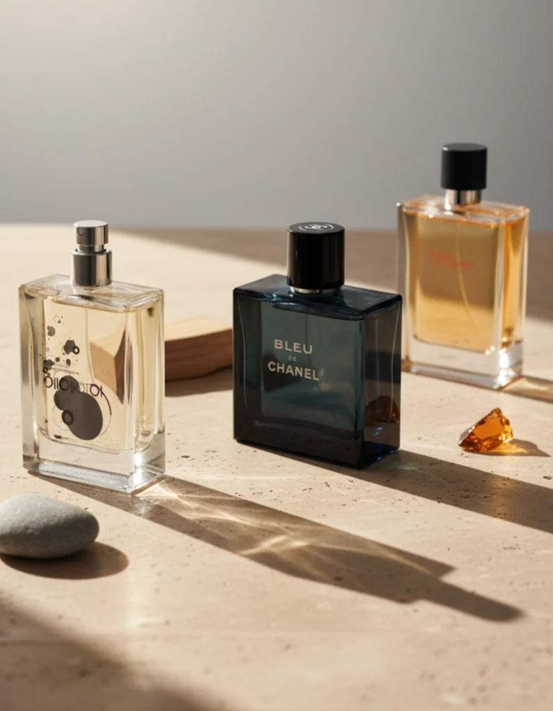 Editorial composition of elegant perfume bottles on a beige surface representing Molecule 01, Bleu de Chanel, and Terre d’Hermès