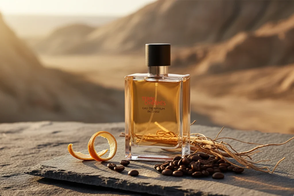 Terre d’Hermès Eau de Parfum Intense perfume bottle on a stone surface with roasted coffee beans and warm sunlight.