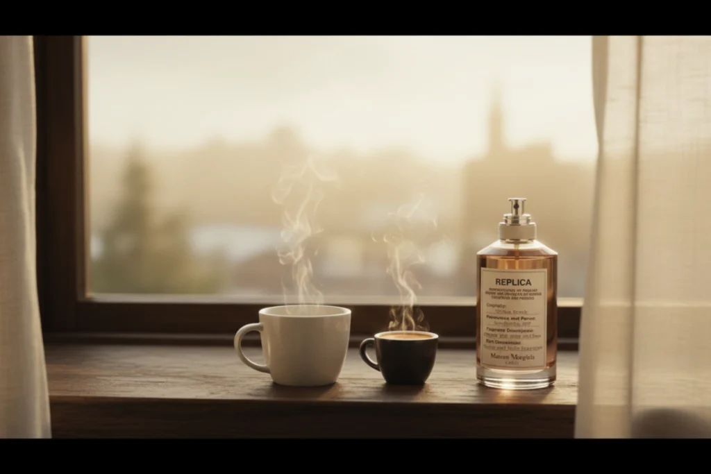 Hand holding a steaming coffee cup beside a perfume bottle on a wooden windowsill at sunrise.