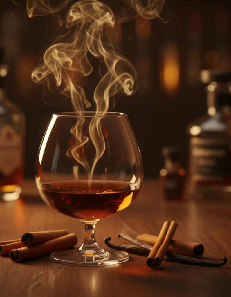 Warm cozy still life with cognac glass, cinnamon, and amber light evoking the scent of Angel’s Share perfumes