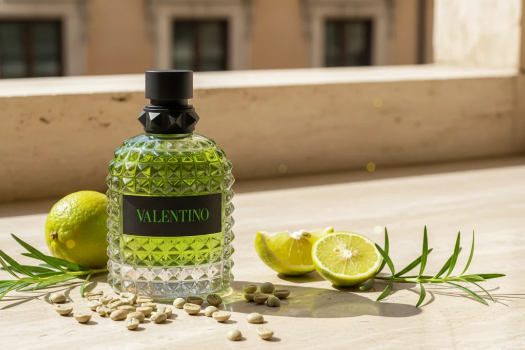 Valentino Uomo Born in Roma Green Stravaganza bottle with green coffee beans, bergamot, and sunlight reflections.