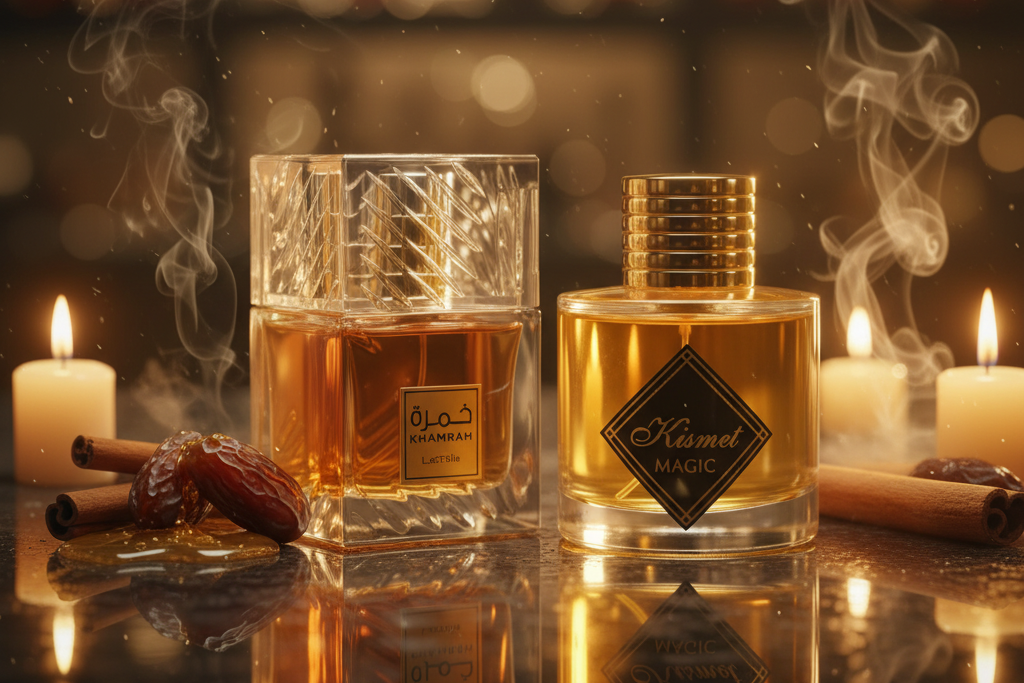 Cinematic warm candlelit still life with reflective surface, golden light, and soft smoke evoking luxury perfume atmosphere