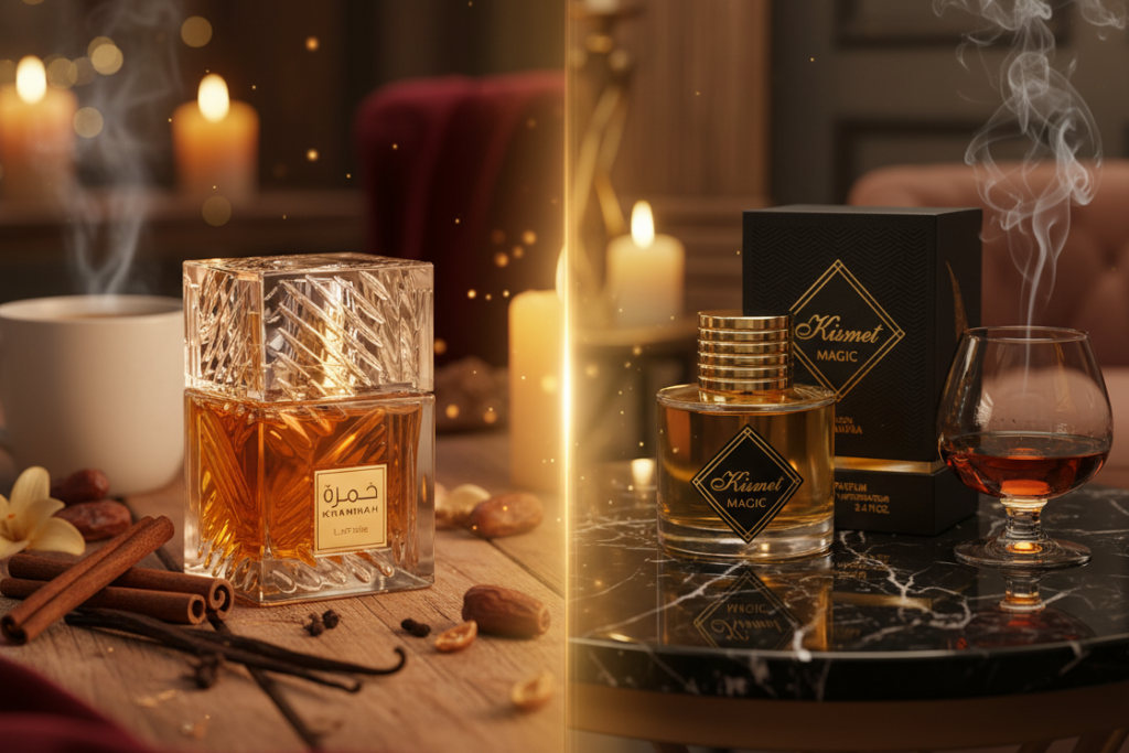 Two realistic perfume scenes with a cubic bottle in a warm winter setting and a cylindrical bottle in an elegant dinner mood, following reference images exactly