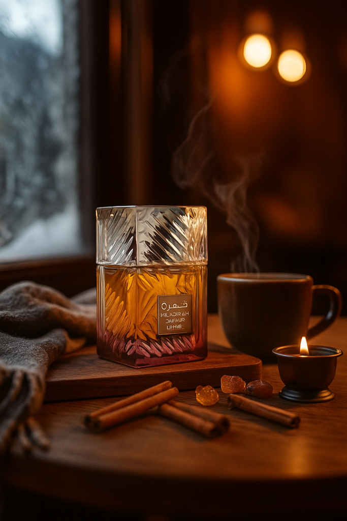 Lattafa Khamrah Dukhan perfume bottle on a café table with warm lighting, incense smoke, and snow outside.