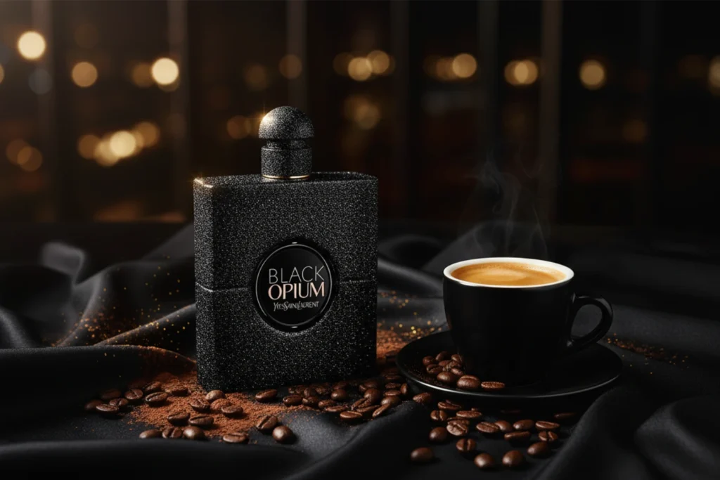 YSL Black Opium Extreme perfume bottle surrounded by coffee beans and gold shimmer on black velvet.