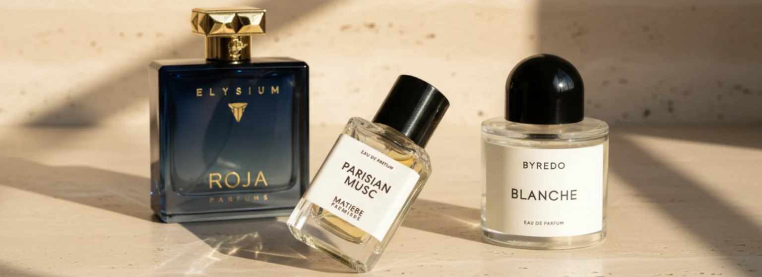 A curated still-life of luxury perfume bottles arranged on a beige stone surface under warm natural light, photographed for Scent Chronicles Best Fragrances section