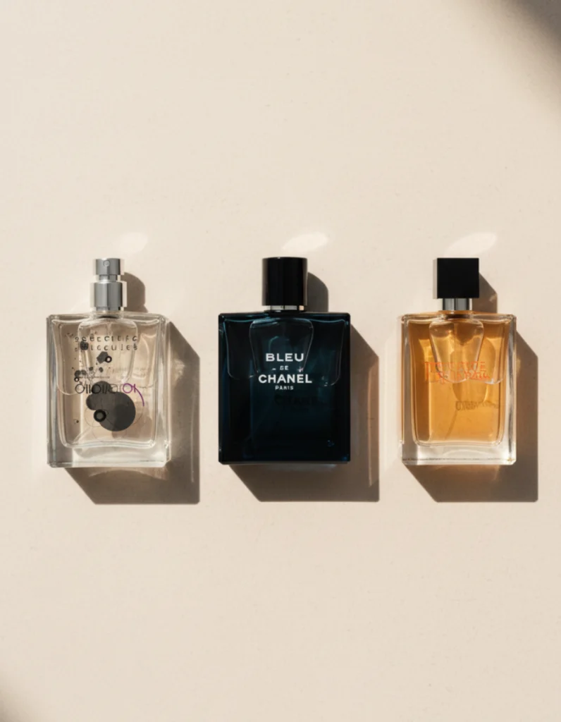 Three elegant perfume bottles on a neutral beige surface symbolizing Molecule 01, Bleu de Chanel, and Terre d’Hermès