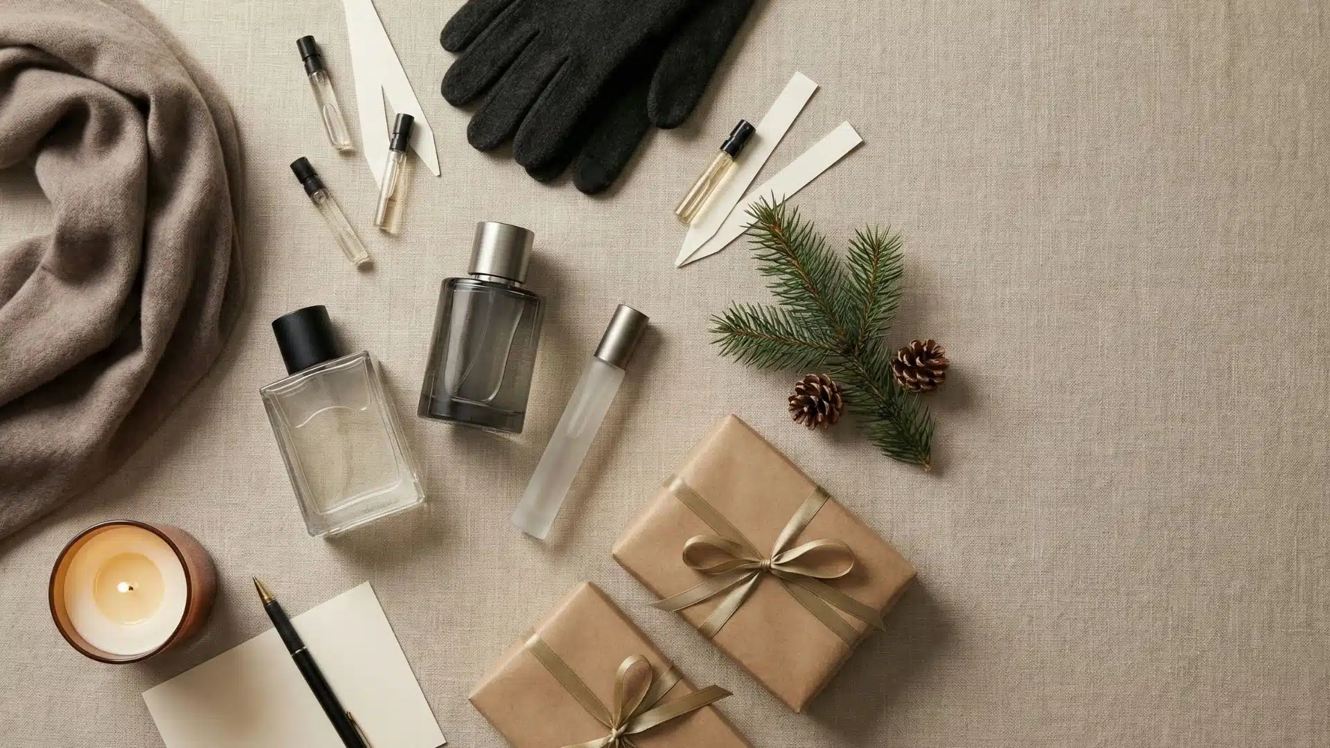 Flat lay of elegant men’s perfume bottles and Christmas gifts on a neutral background