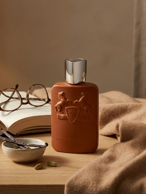 Cozy interior scene with a book, blanket and a cream colored perfume bottle