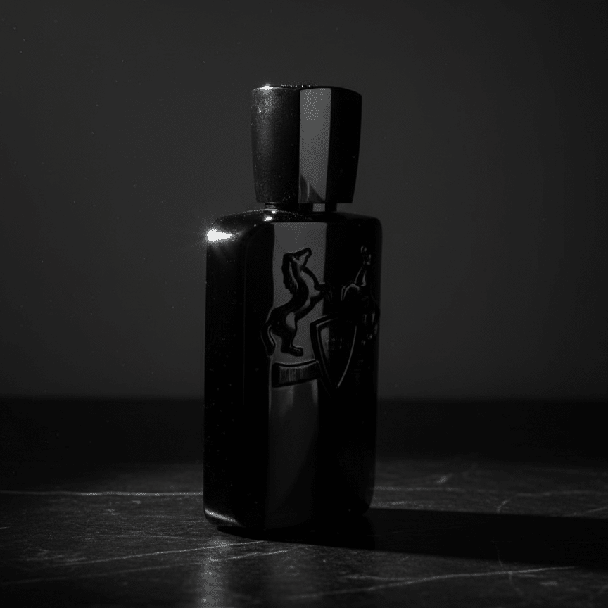 Herod by Parfums de Marly perfume bottle photographed in low-key lighting on a dark marble surface, showing its sleek and elegant design.