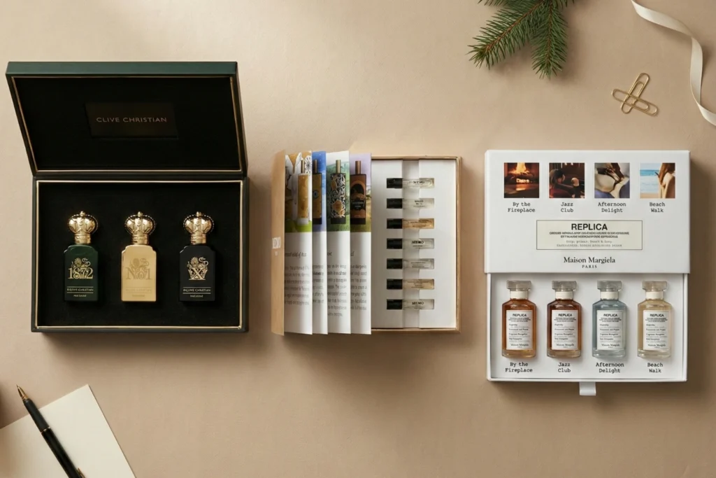 Flat lay of men’s perfume discovery sets and travel sprays arranged on a table