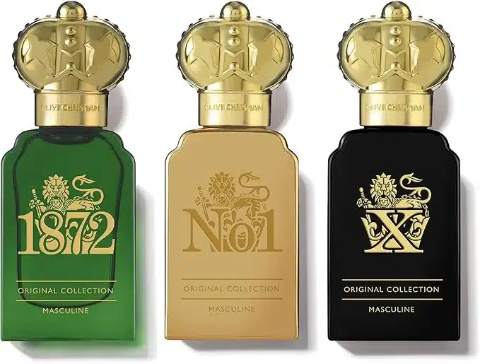 Clive Christian Original Collection Masculine perfume bottles 1872, No1 and X lined up on a white background