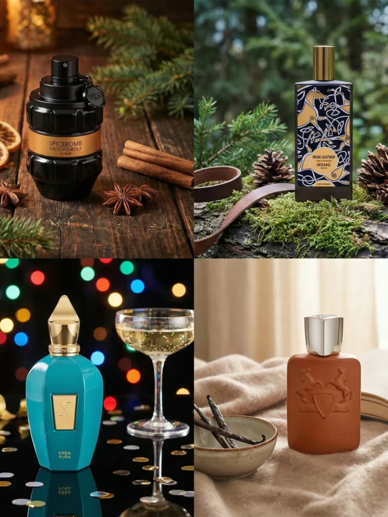Four small scenes representing different men’s fragrance personalities and styles