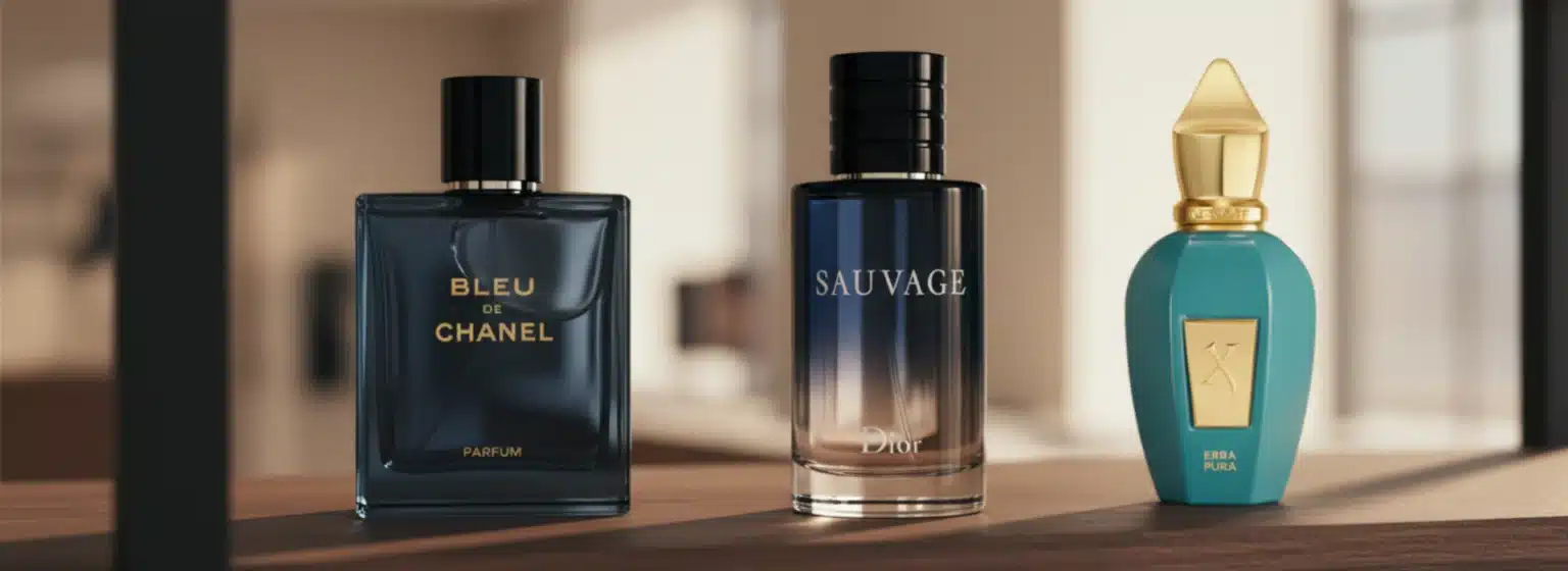 Editorial hero image showing three luxury fragrances — recreated exactly from reference — displayed on a cinematic shelf with warm lighting for the Fragrance Reviews page on Scent Chronicles.
