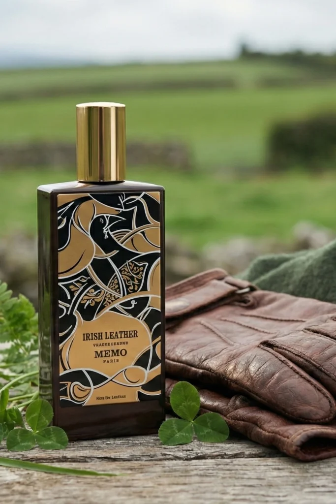 Leather gloves, green scarf and a dark green perfume bottle in an outdoors inspired scene