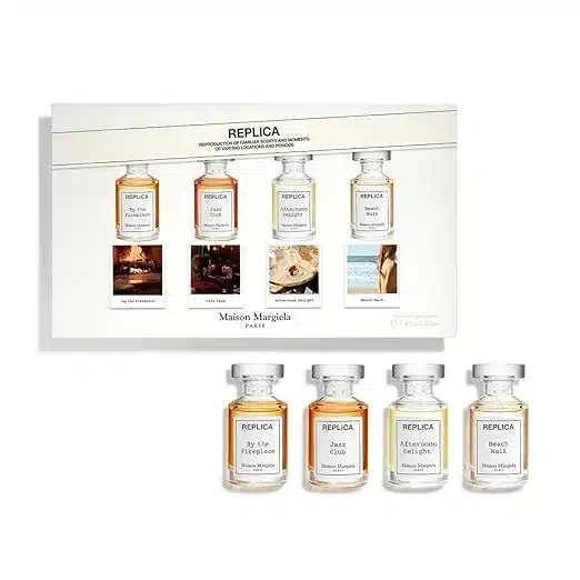 Maison Margiela Replica discovery set box with four mini perfume bottles By the Fireplace, Jazz Club, Afternoon Delight and Beach Walk