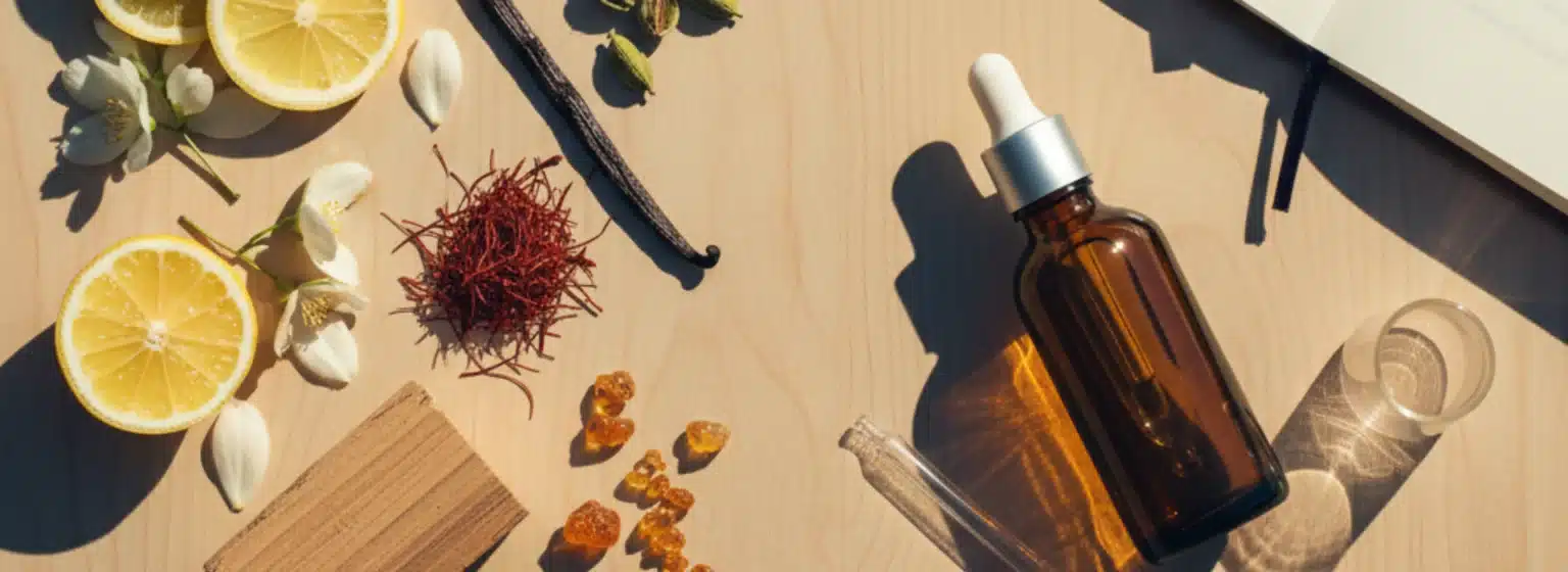 Editorial flatlay of natural perfume ingredients and perfumery tools arranged on a beige linen surface for the Perfume Basics page on Scent Chronicles.