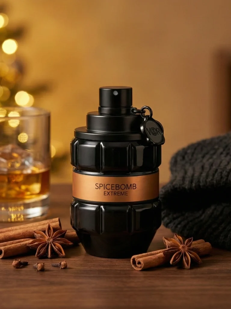 Cozy winter scene with a dark perfume bottle, knit sweater and warm spices