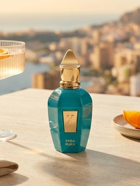 Bottle of Xerjoff Erba Pura on an outdoor table at golden hour with a drink and sliced citrus fruits