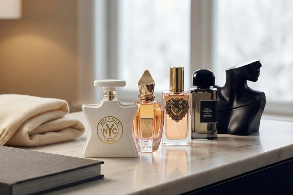 Quick summary image of five winter perfumes for women in a cozy indoor setting