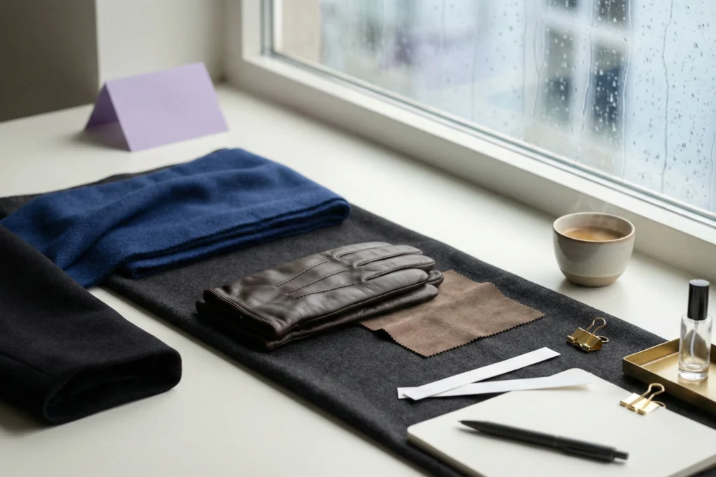 Leather gloves, blotters, and an atomizer by a rainy window showing how leather in perfumery suits cool weather.