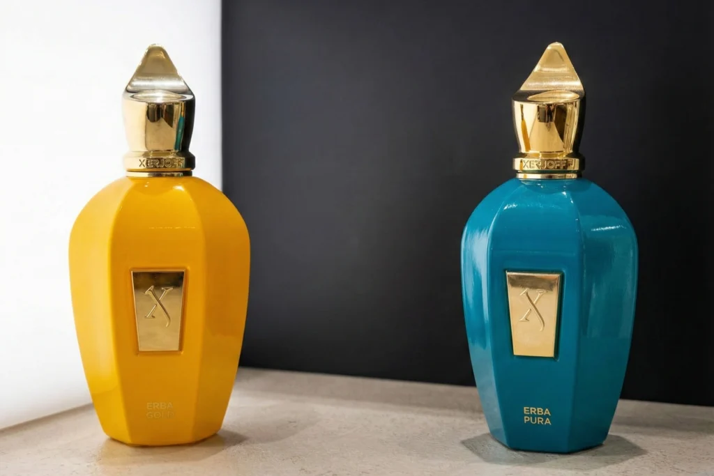 Editorial Photo of ERba Pura Bottle and Erba Gold Bottle on a Travertine Counter top