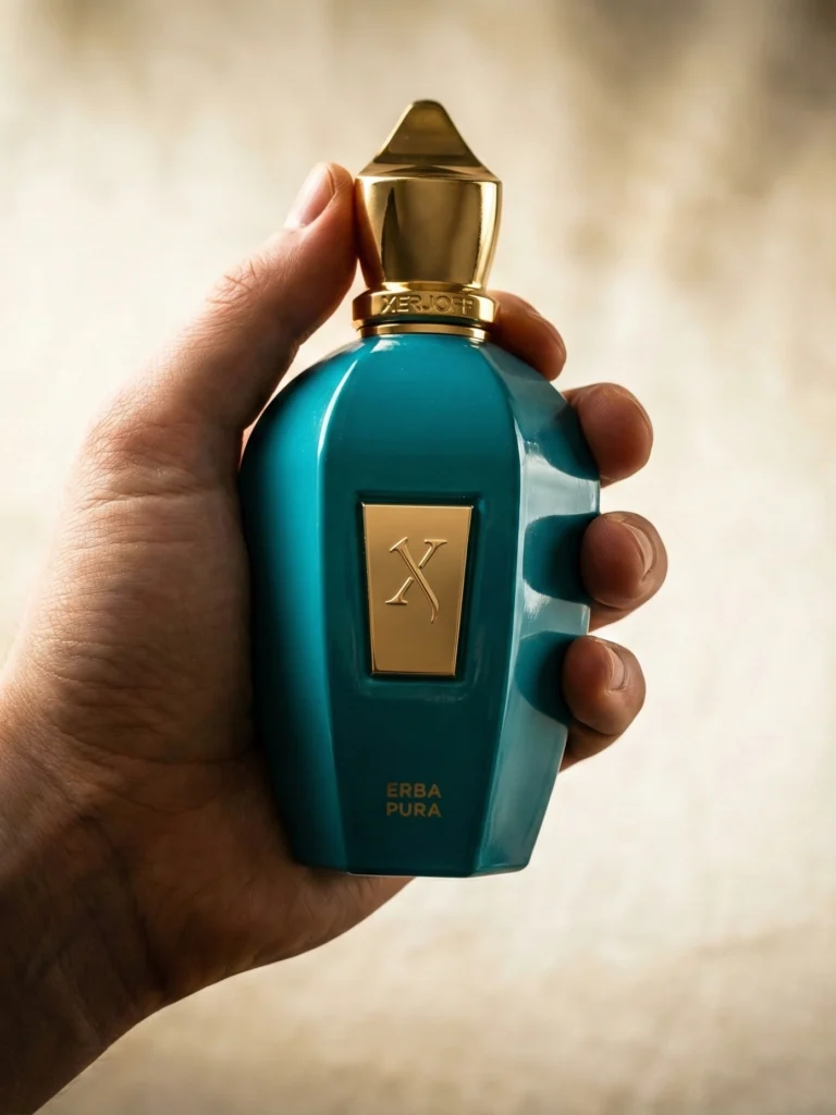 Hand Holding Erba Pura Bottle with editorial background