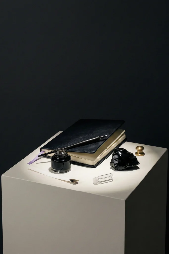 Editorial still life with leather notebook and ink, capturing the inky, tarry facet of leather in perfumery.