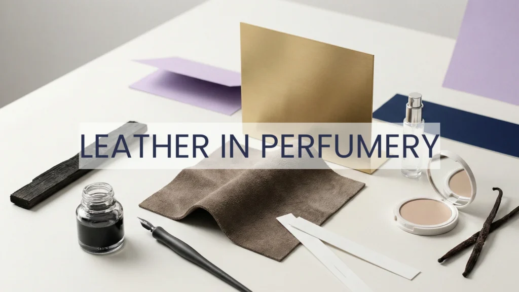 Editorial still life showing leather in perfumery as a crafted accord with suede, ink, blotters, and warm gold accents.