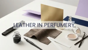 Editorial still life showing leather in perfumery as a crafted accord with suede, ink, blotters, and warm gold accents.