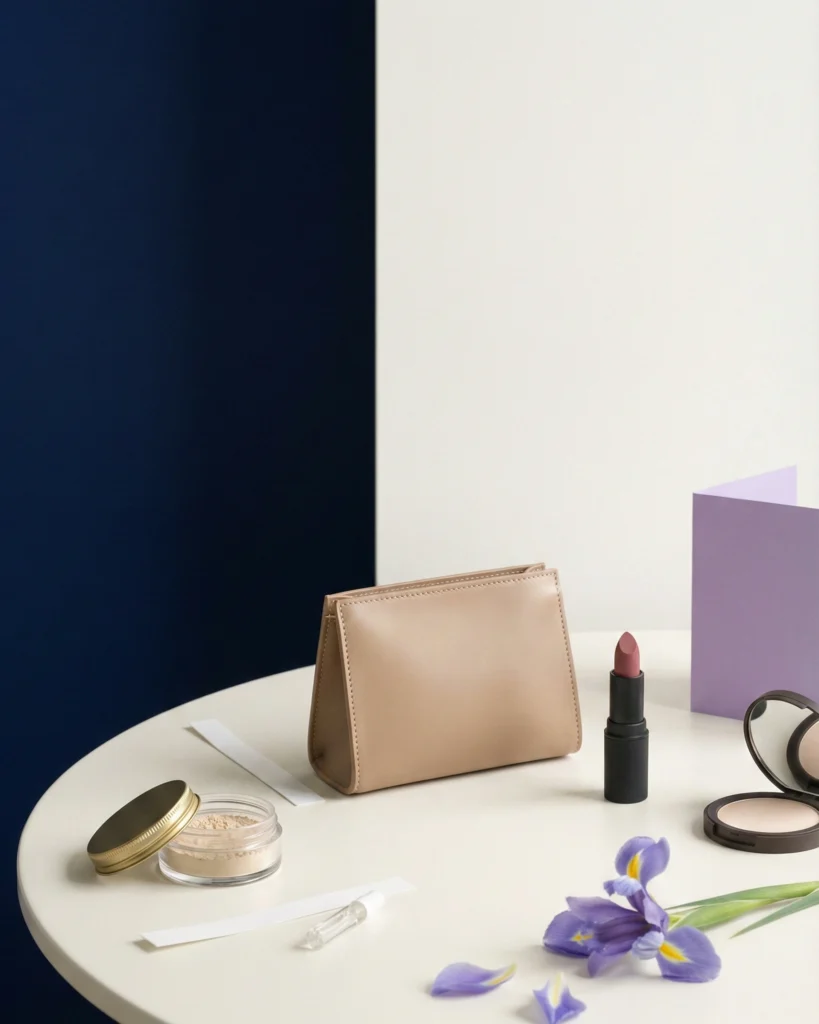 Editorial still life of leather pouch, iris accents, and cosmetics showing the leather in perfumery pairing with iris.