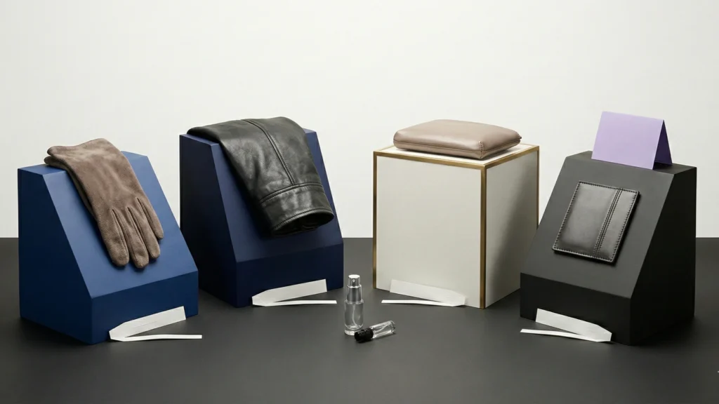 Four editorial leather objects on gallery plinths showing leather in perfumery styles from suede to smoky and polished leather.