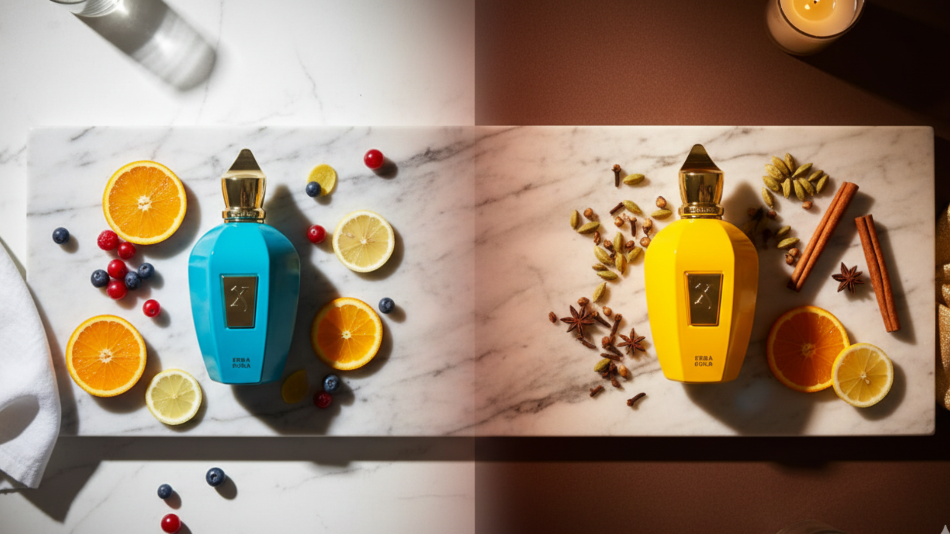 Panoramic split hero image showing Erba Pura vs Erba Gold on a marble table with fruits on one side and spices on the other for the Erba Pura vs Erba Gold review