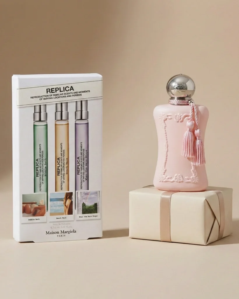 Minimal still life showing the Maison Margiela Replica discovery set on one side and a single Delina by Parfums de Marly bottle on a wrapped gift box, illustrating the choice between safe sets and one intentional Christmas perfume gift for her.