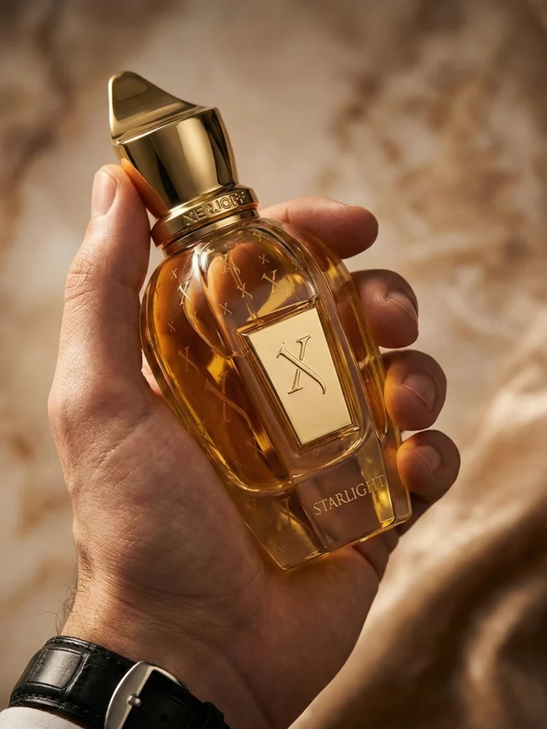 Man's hand wearing a luxury leather-strap watch holding a bottle of Xerjoff Starlight, with warm lighting and a soft textured background.