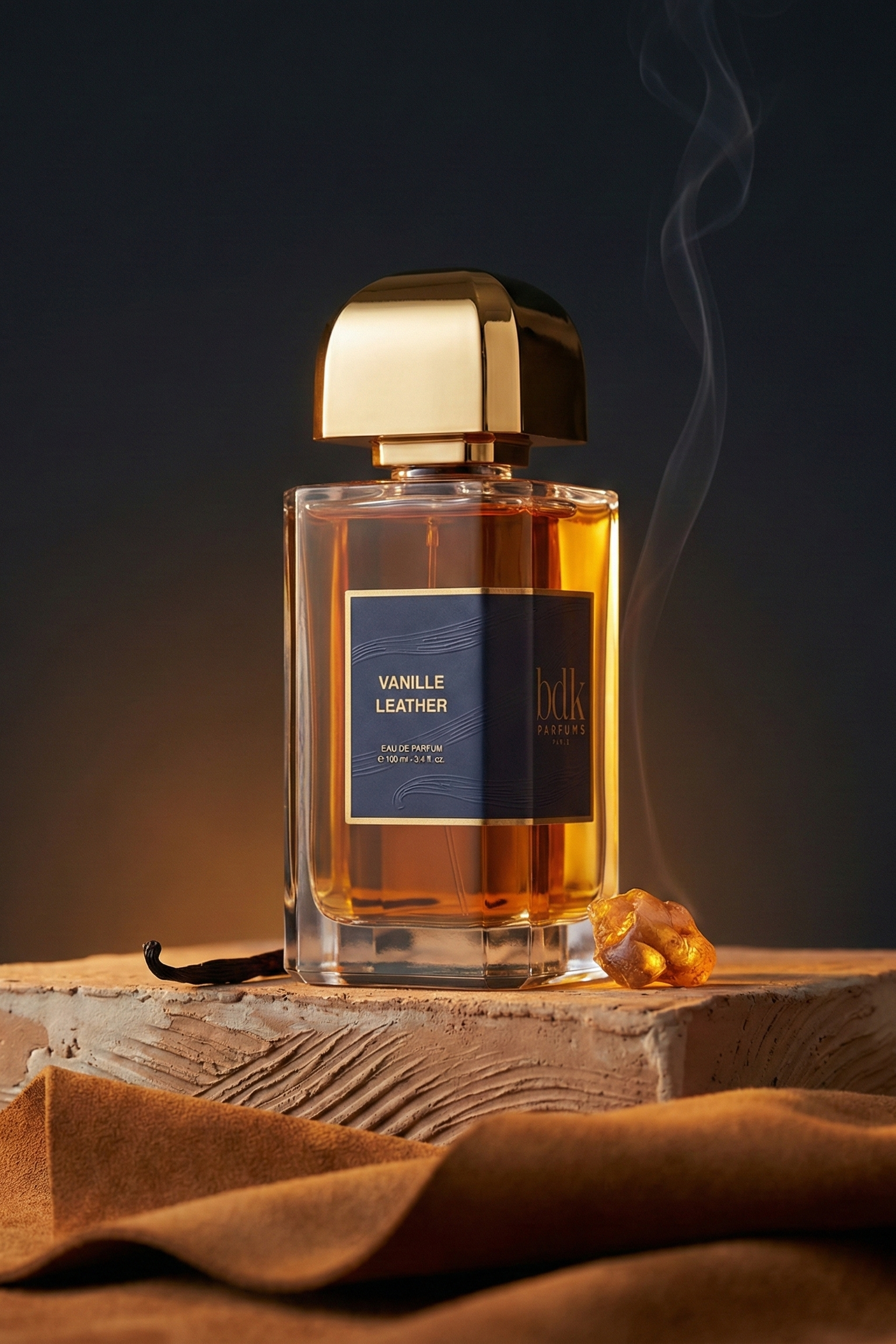Vanille Leather by BDK Parfums bottle in a warm editorial scene