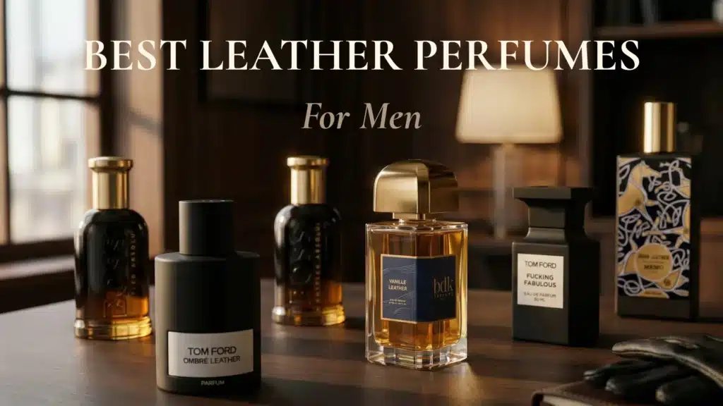 Editorial hero image featuring five leather fragrances for men in a cinematic still-life