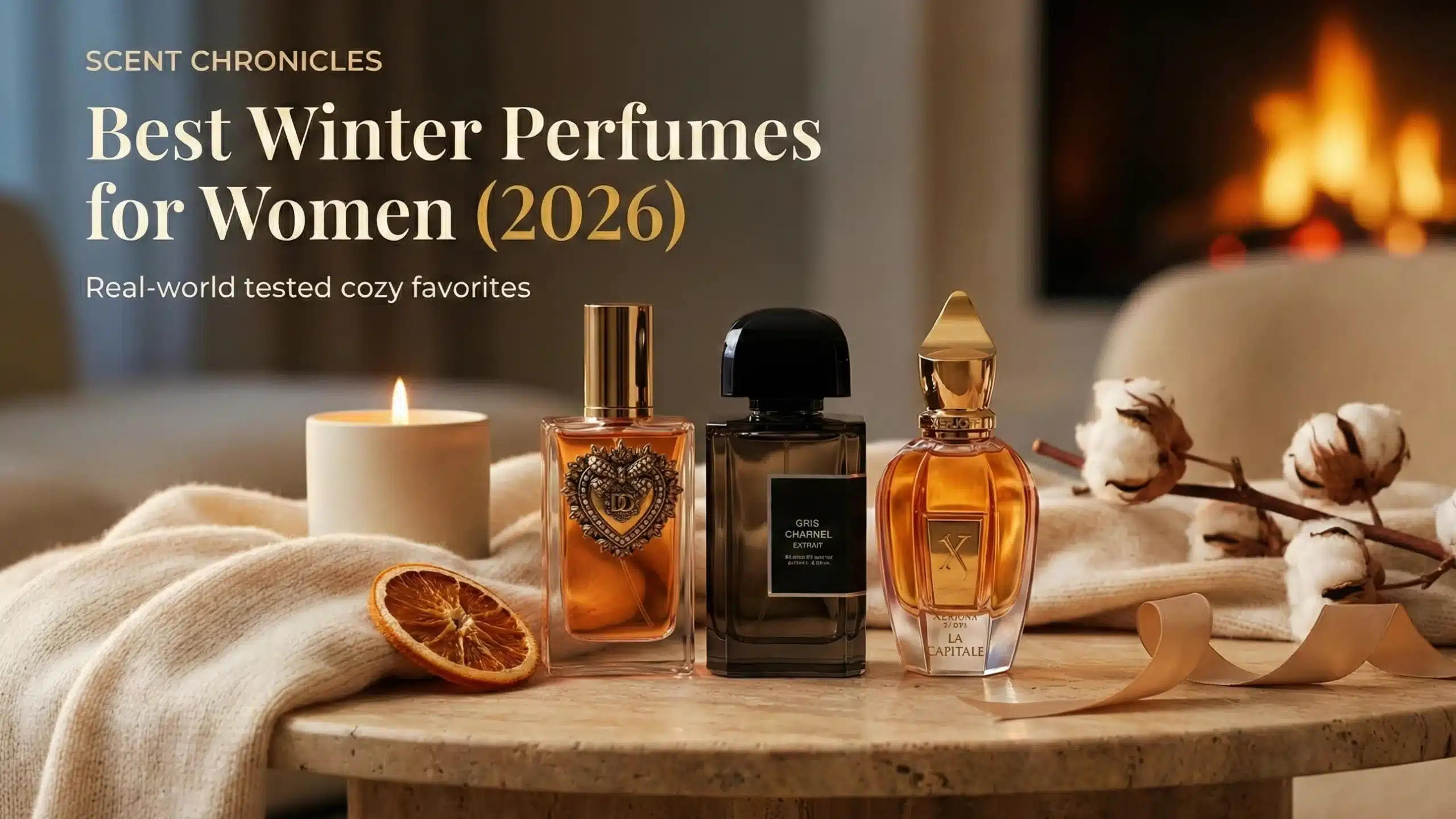 Editorial hero image featuring Gris Charnel Extrait by BDK Parfums, Dolce & Gabbana Devotion Intense, and Xerjoff La Capitale for best winter perfumes for women 2026.