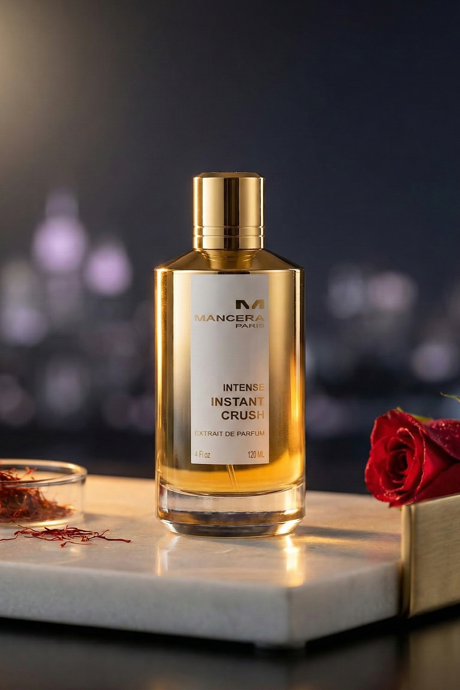 Mancera Instant Crush bottle in a modern saffron-amber date-night scene